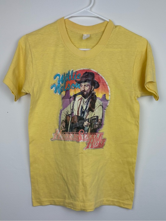 none Tops - 80s Single Stitch Willie Nelson Iron-On Glitter Graphic T-Shirt Small EUC Outlaw